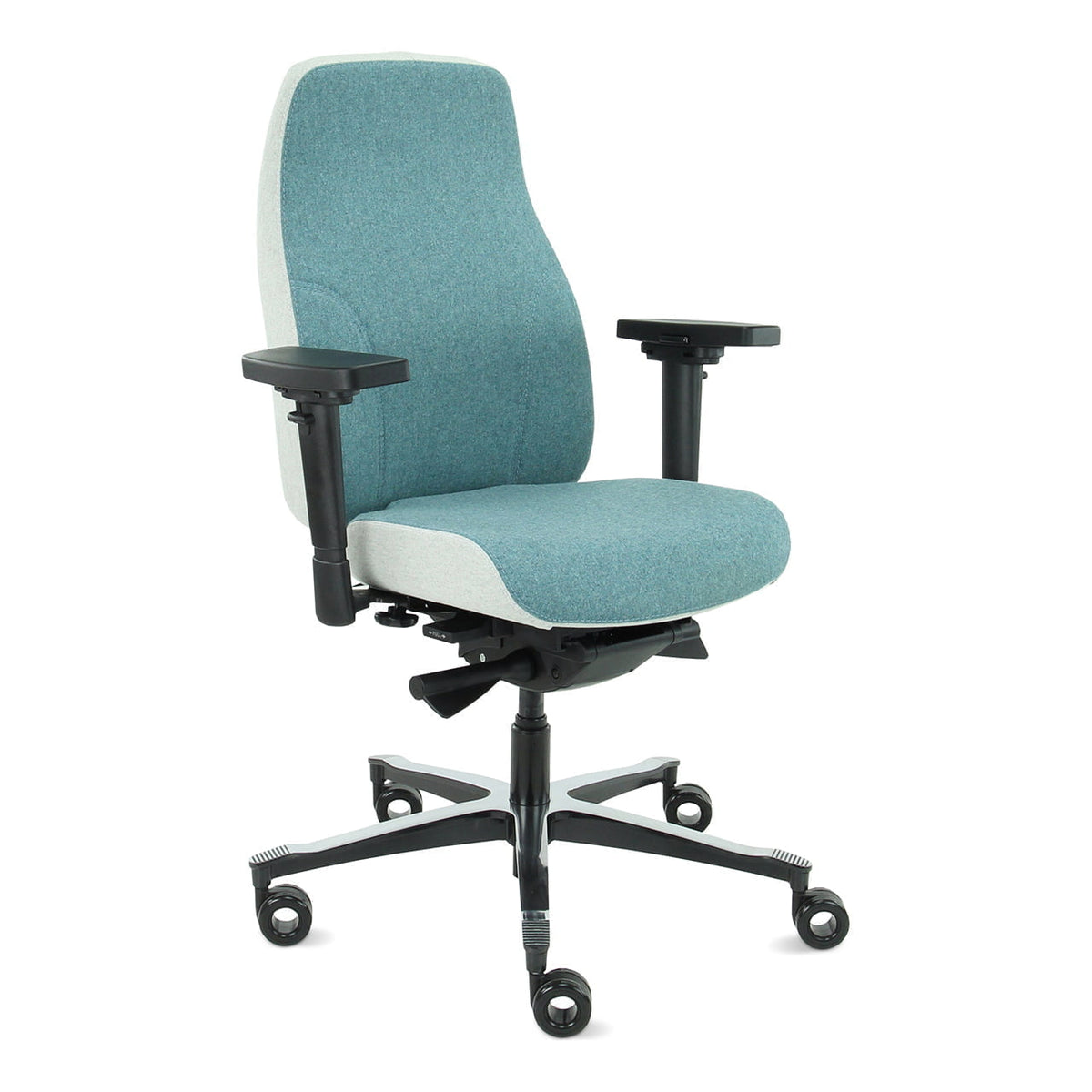 Ergonomische bureaustoel Therapod X2 met azuurblauwe en grijze stoffering, schuin van voren gezien