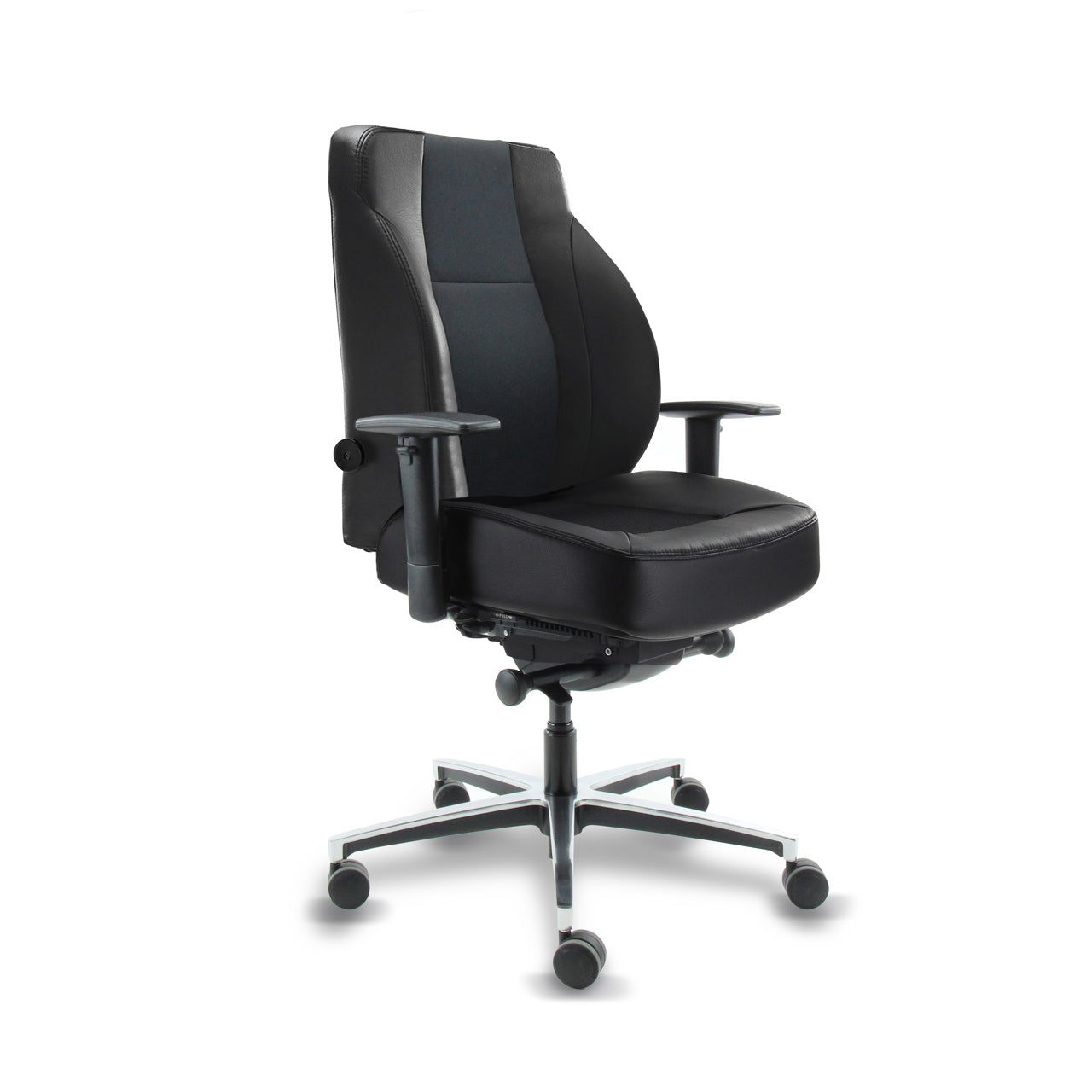 Zwarte 24-uurs stoel Jack met een rugleuning in leer en mirage stof met aluminium voetkruis