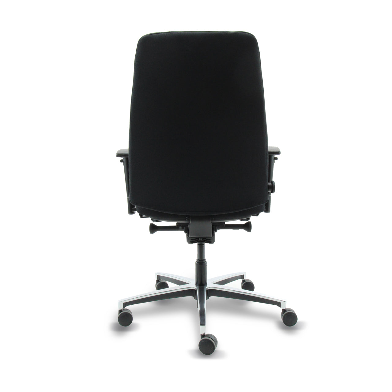 Achteraanzicht van de bureaustoel Jack geschikt voor 24-uur met zwarte stoffering en aluminium voetkruis