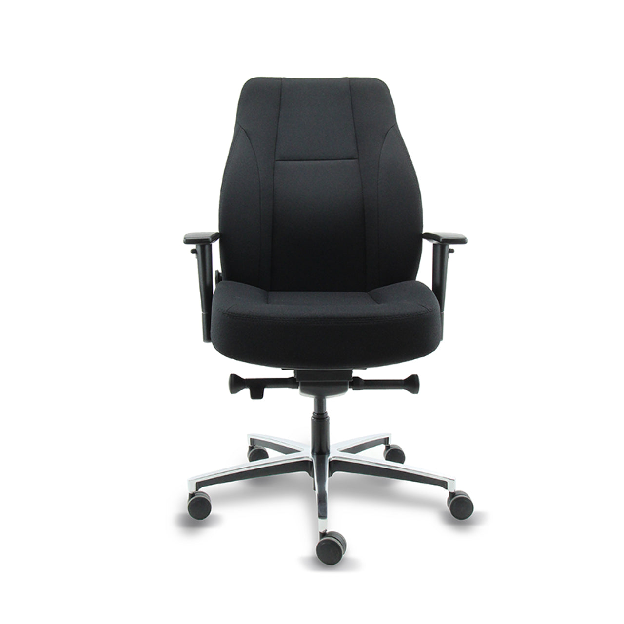 Zwart gestoffeerde bureaustoel Jack 24 uurs stoel met aluminium voetkruis gezien vanaf de voorzijde