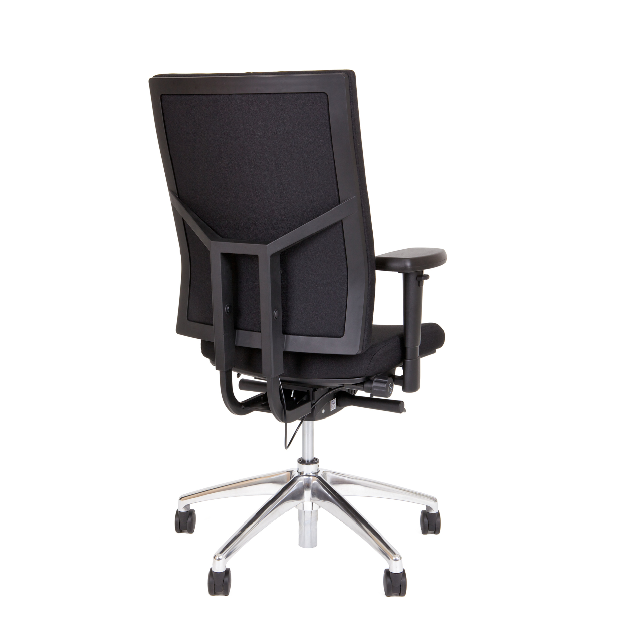 Bureaustoel Dani NPR-1813 met een zwarte stoffering en aluminium voetkruis, gezien vanaf de achterzijde