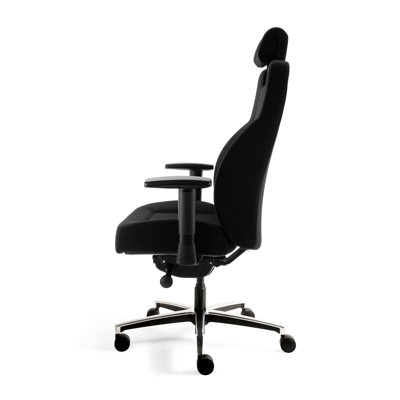 Zijaanzicht van de zwart gestoffeerde 24-uurs stoel Jason met hoofdsteun