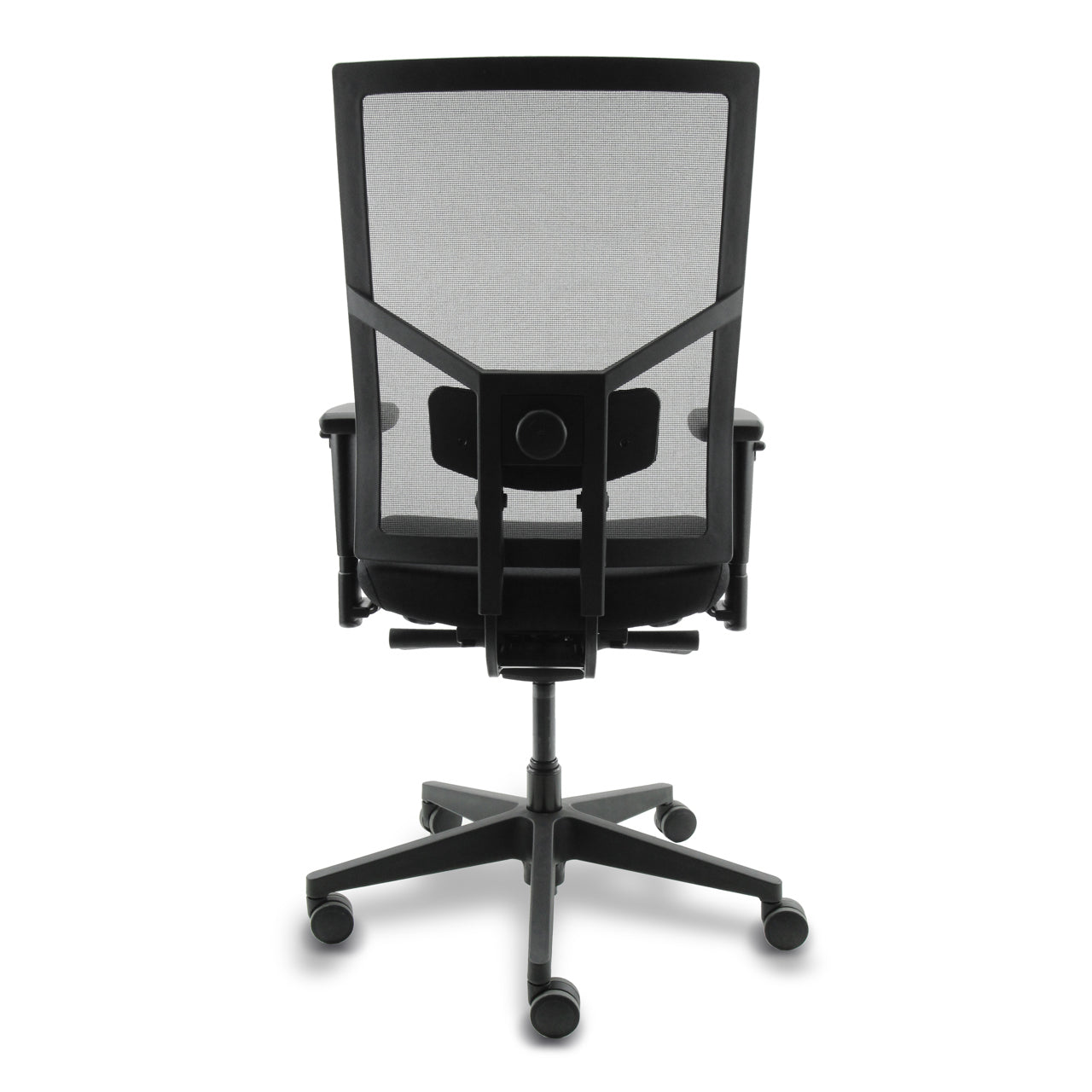 Recht van achter gefotografeerde Bureaustoel NPR-1813:2025 met netwave rugleuning en zwart voetkruis