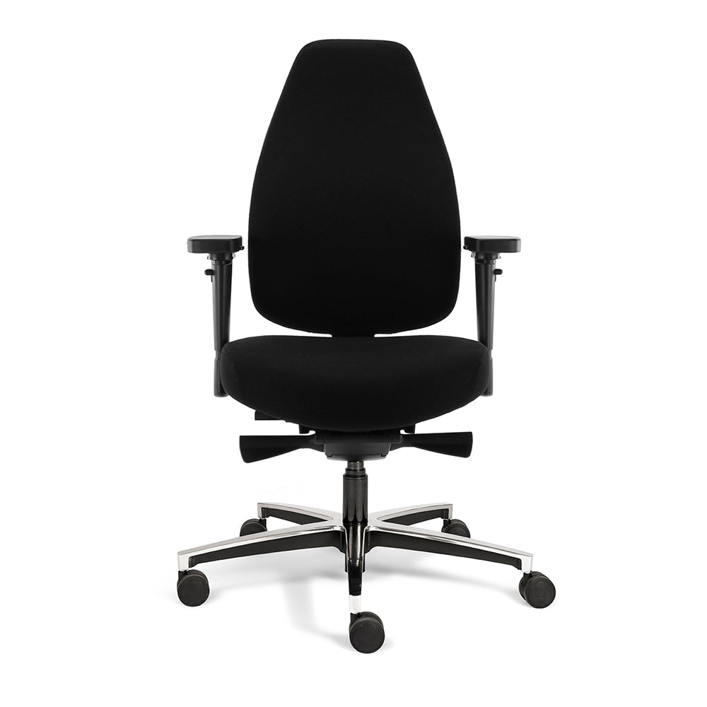 Volledig in zwart wolvilt uitgeruste Therapod X bureaustoel met aluminium voetkruis