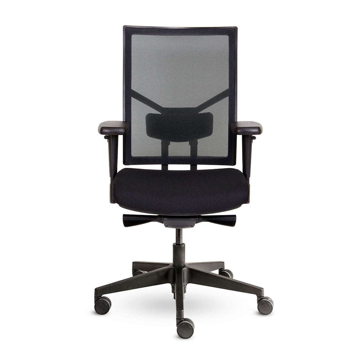 Vooraanzicht van de Dani NPR Netwave bureaustoel op een zwart kunststof voetkruis