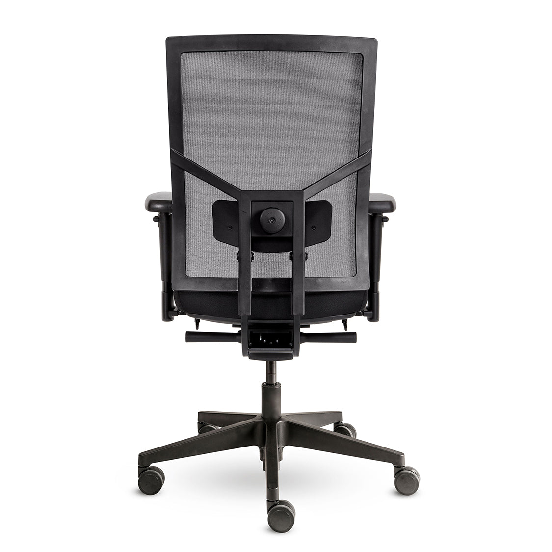 Achteraanzicht van de NPR Bureaustoel Dani met focus op de Netwave rugleuning en zwart voetkruis