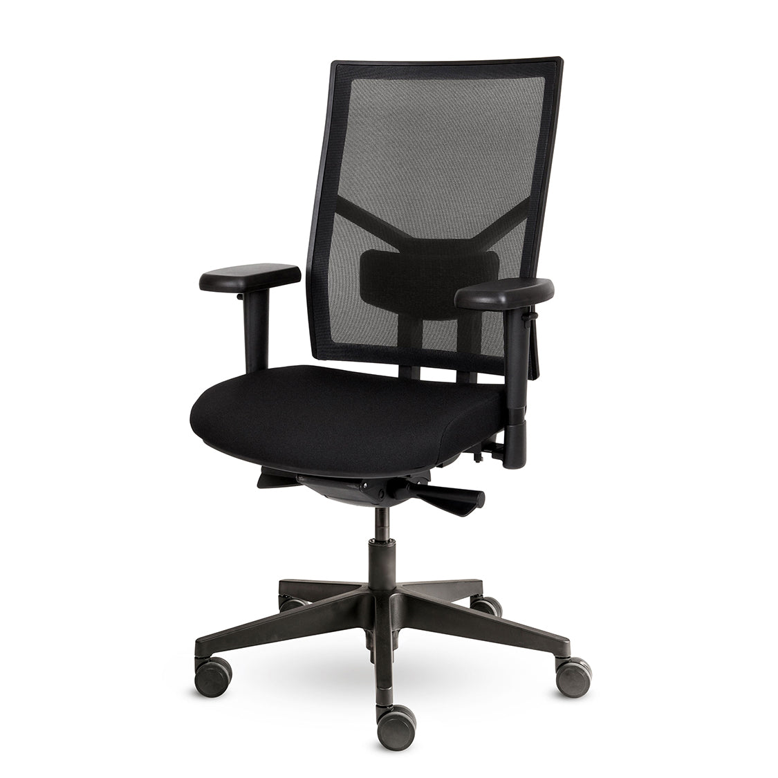 De Bureaustoel Dani gezien van schuinvoor met een zwart voetkruis en netwave rugleuning