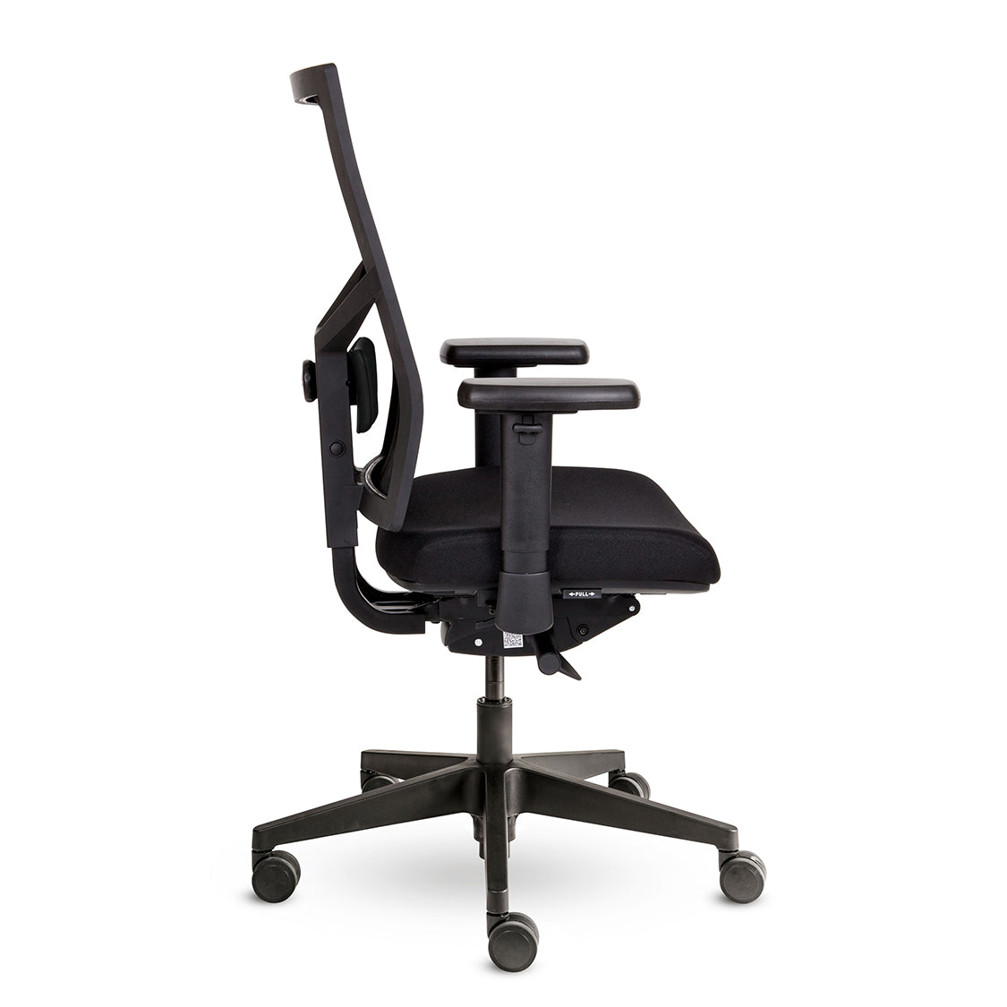 Bureaustoel Dani gezien van de zijkant met zwart gestoffeerde zitting en zwart voetkruis