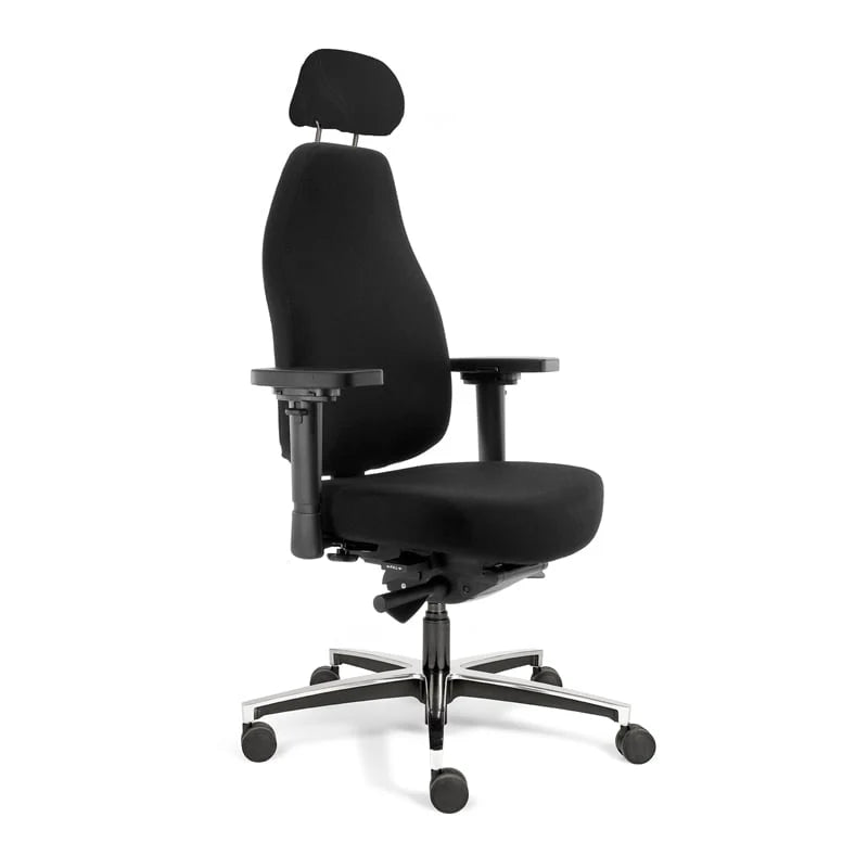 De Bureaustoel Therapod X met hoofdsteun en compleet in zwart wolvilt gestoffeerd, voorzien van een aluminium voetkruis