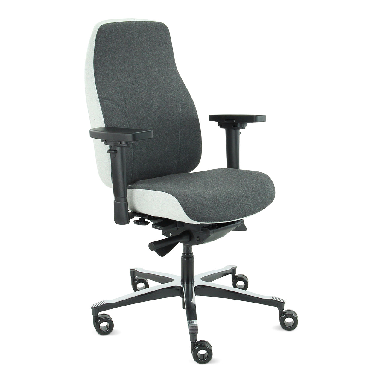 Vooraanzicht van de Bureaustoel Therapod X2 voorzien van donkergrijze en lichtgrijze stoffering op een aluminium voetkruis