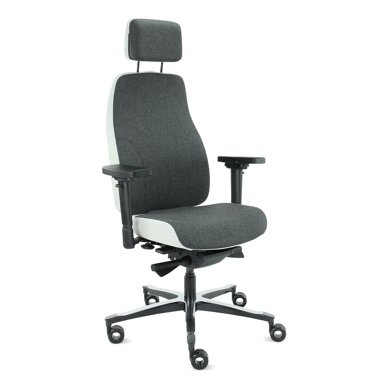 Bureaustoel Therapod X2 met hoofdsteun in de combinatiekleur lichtgrijs en donkergrijs gezien vanaf schuinvoor