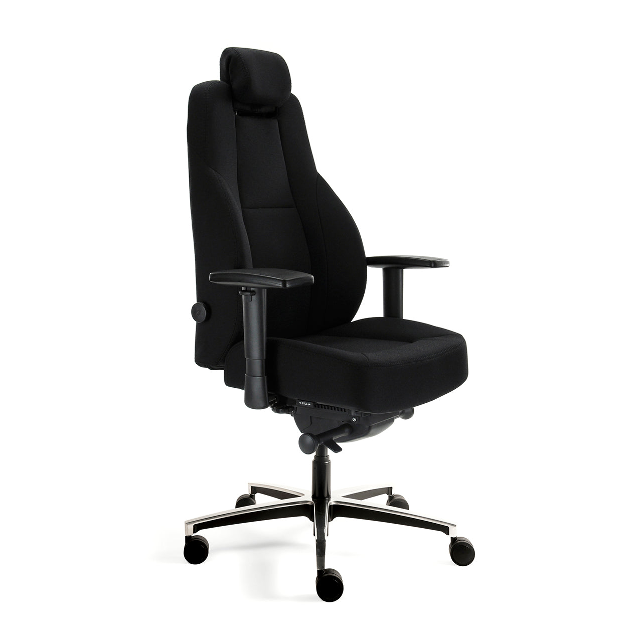 Volledig zwarte 24-uurs bureaustoel Jason met aluminium voetkruis en gestoffeerd rug en zitting