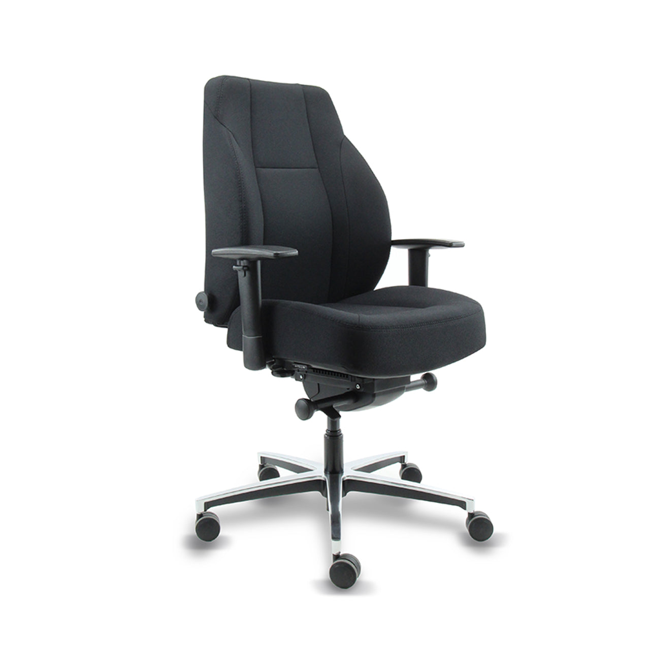 Zwarte 24-uurs bureaustoel Jack met een aluminium voetkruis gezien van schuinvoor