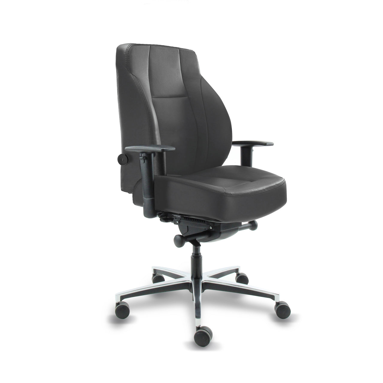 Geheel in leer uitgevoerde 24 uurs bureaustoel Jack in het zwart met een aluminium voetkruis