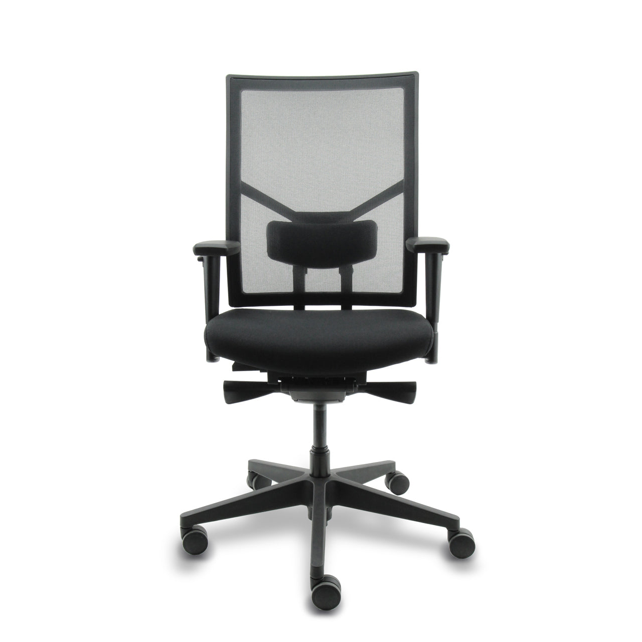 Vooraanzicht van de Bureaustoel Junna NPR 1813 2025 met een Netwave rugleuning en zwart voetkruis