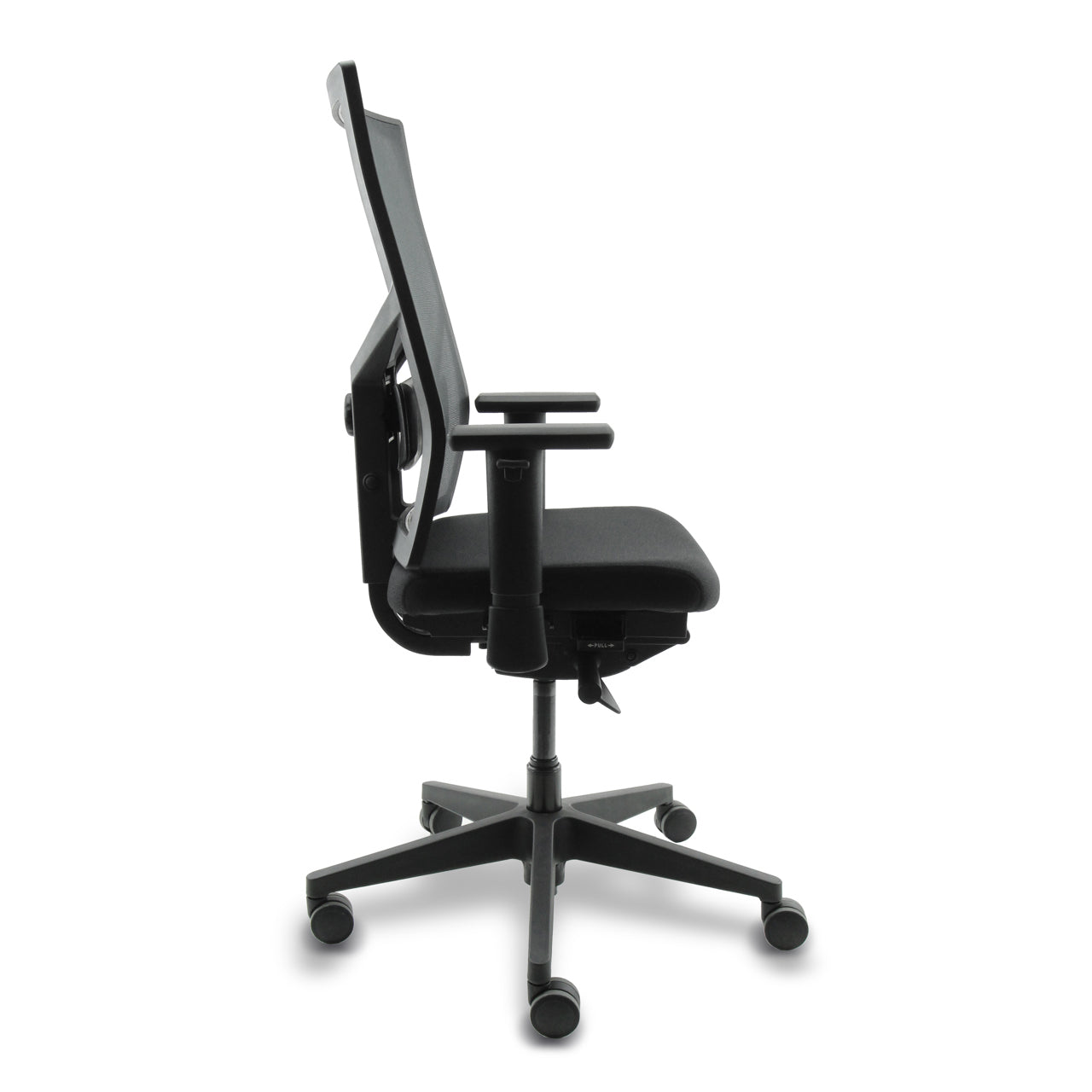 Zijaanzicht van een zwarte NPR 1813 2025 bureaustoel met een zwart voetkruis 