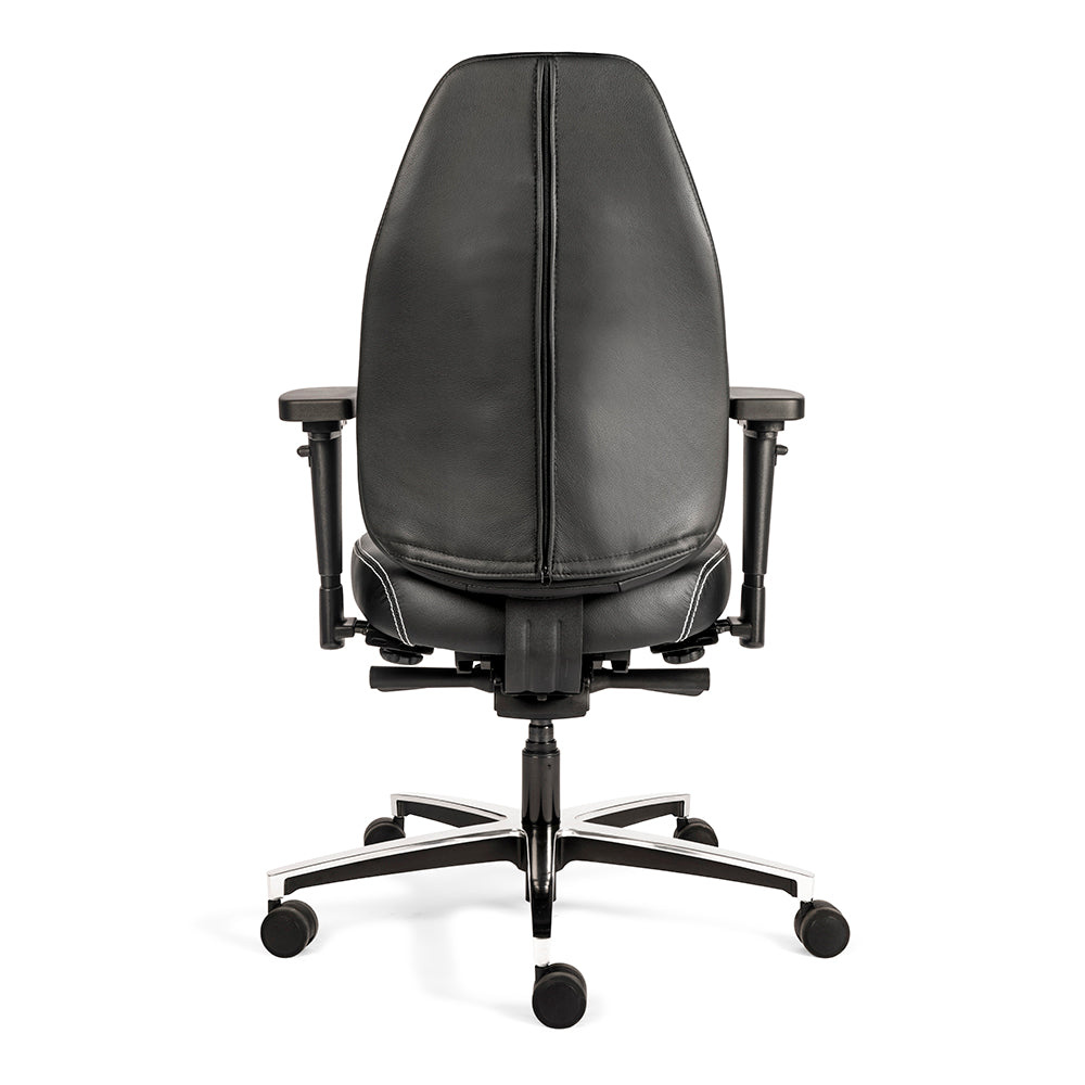 Achteraanzicht van de Bureaustoel Therapod X in zwart leer en aluminium voetkruis