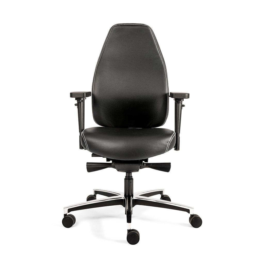 Vooraanzicht van een zwarte Therapod X in leer en met alu onderstel