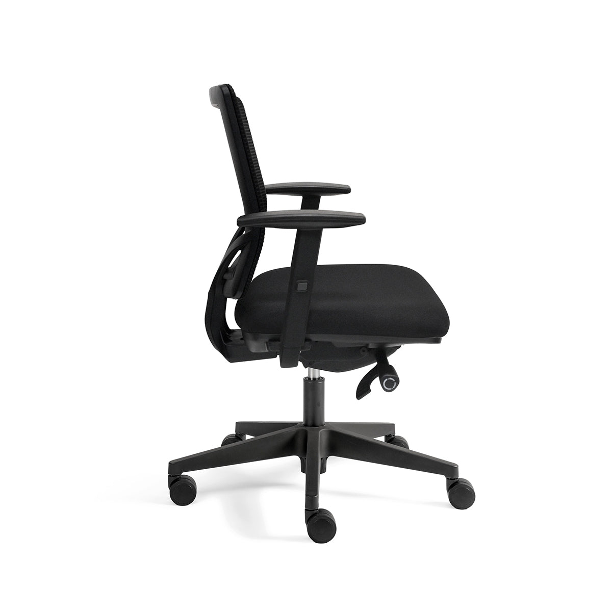 Zij aanzicht van de Bureaustoel Junna Basic met een Netwave rugleuning