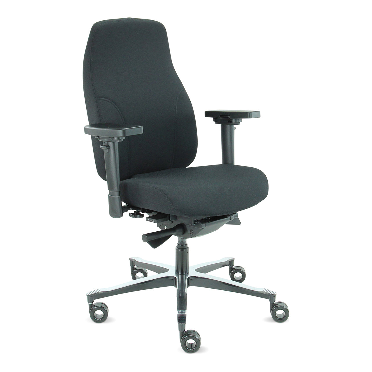 Volledig zwarte Therapod X2 bureaustoel gezien van schuinvoor