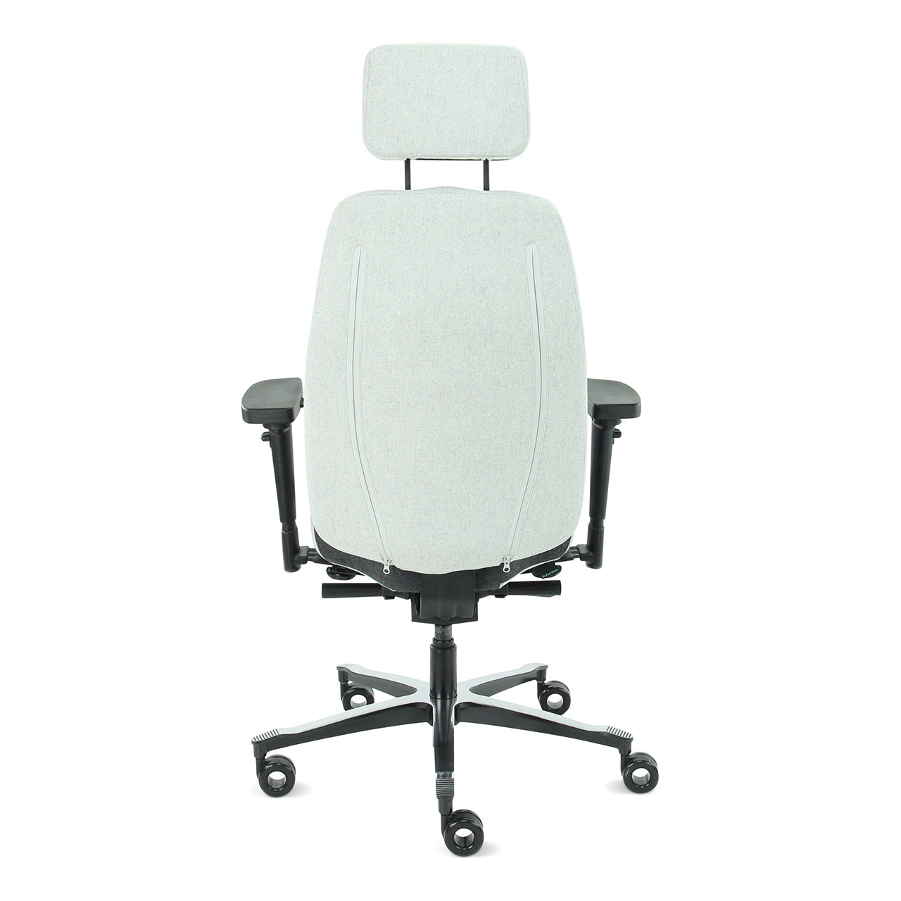 Grijs gestoffeerde Bureaustoel Therapod X2 met hoofdsteun, gezien vanaf de achterzijde